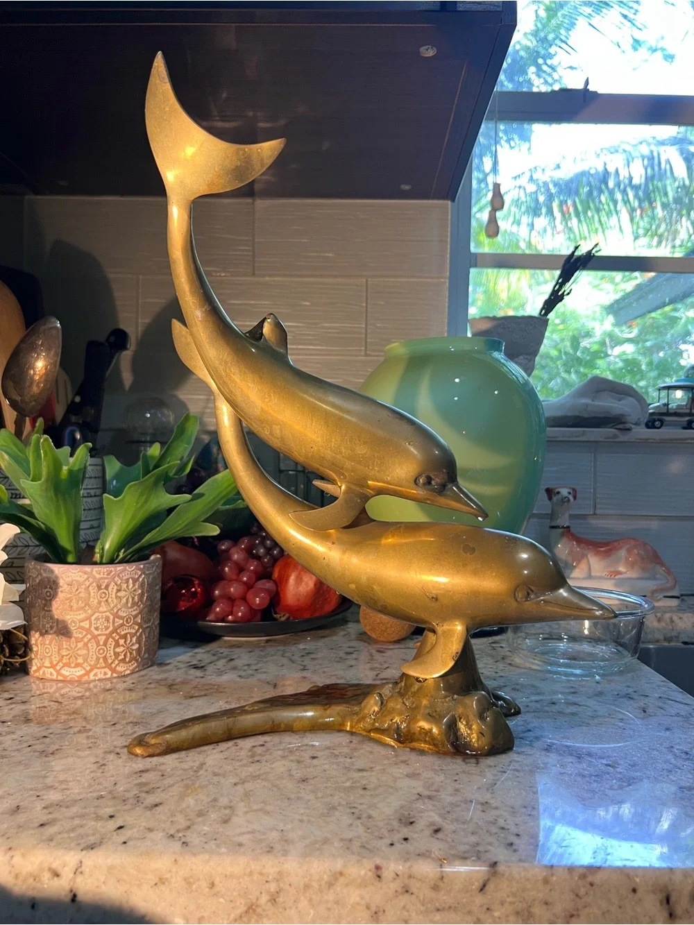 Mid Century Golden Brass Dolphin Duo Sculpture Tall!
